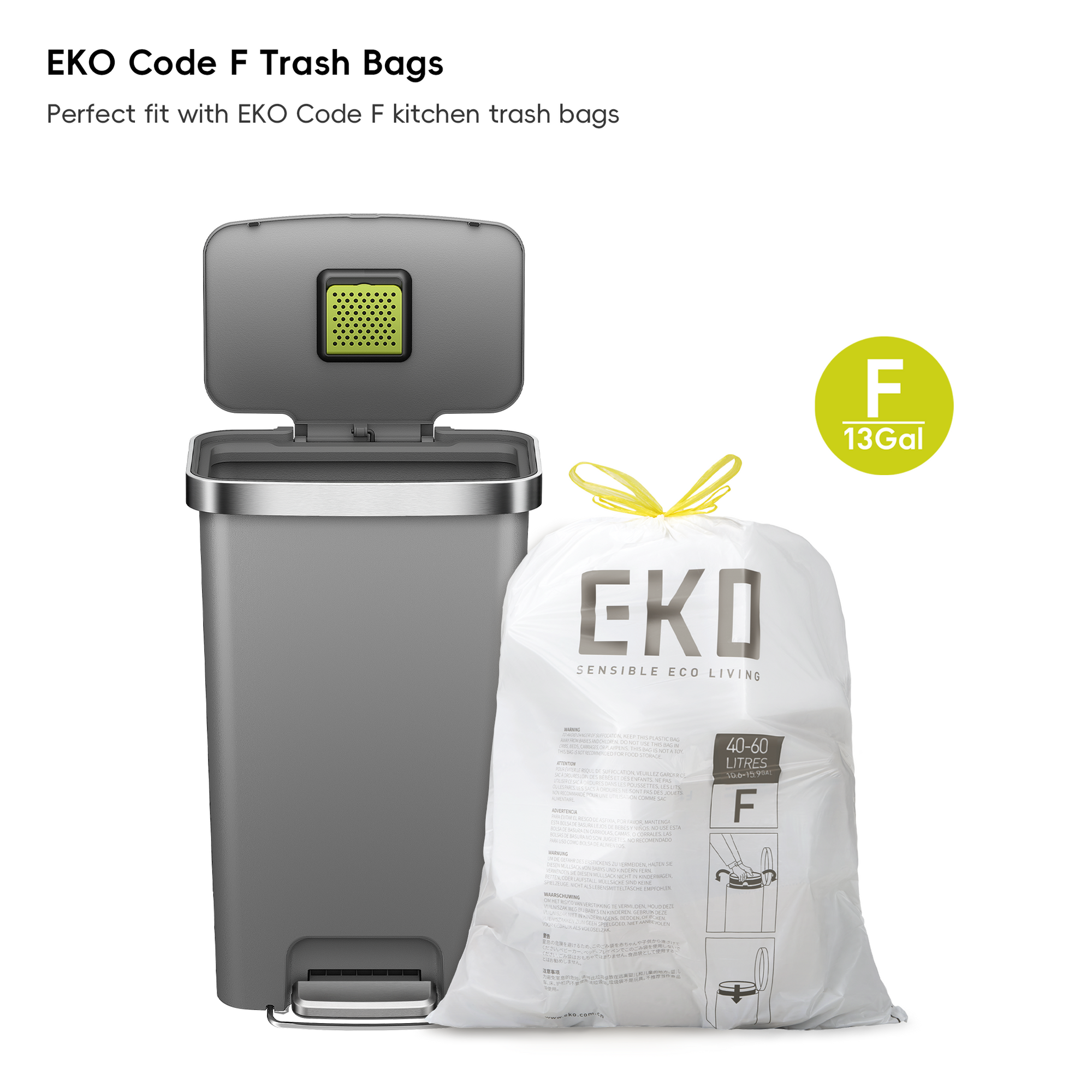 EKO HANA 45L/ 11.9 Gallon Plastic Resin Step Kitchen Trash Can-Gray – EKO Code F Trash Bags