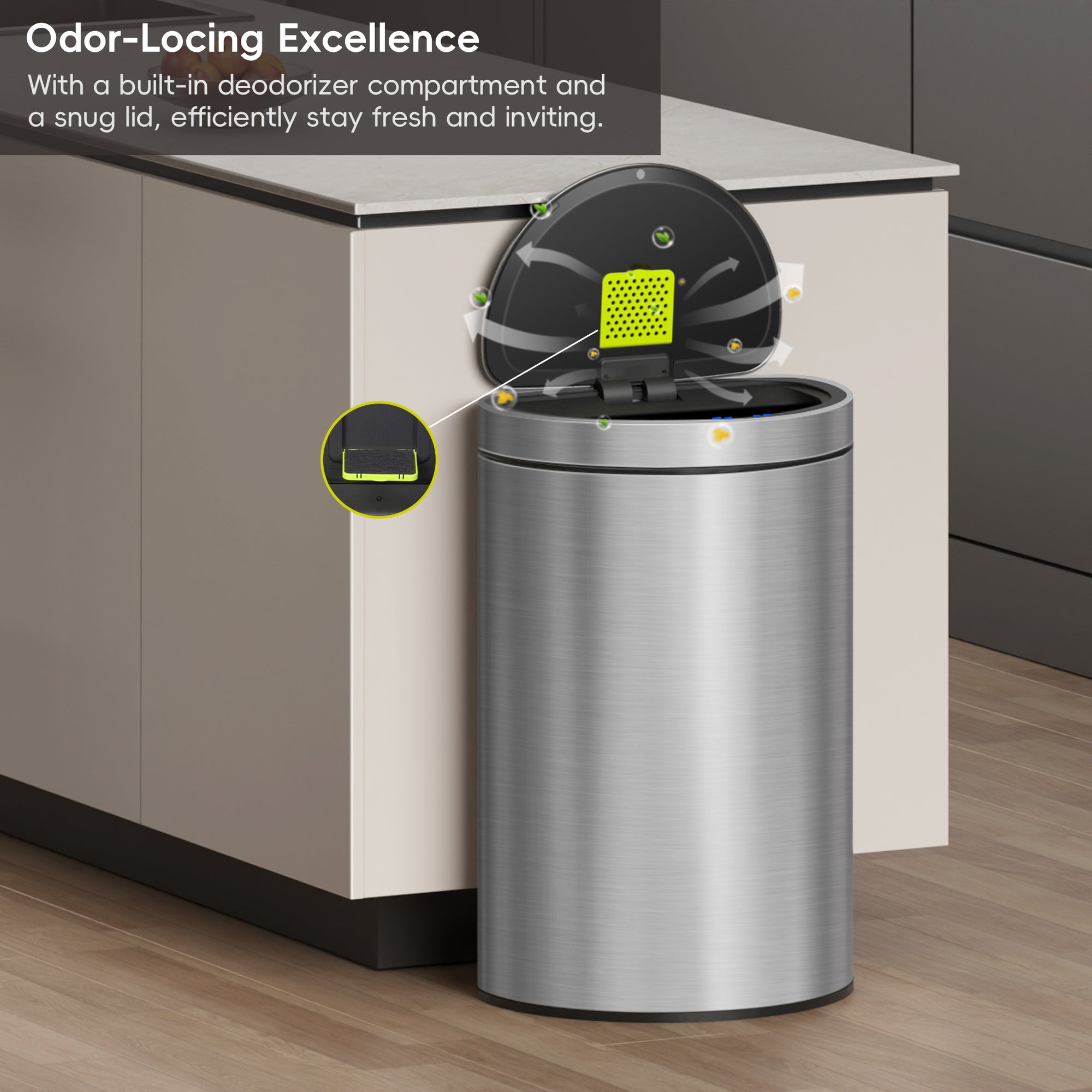 EKO Mirage Semi-Round Motion Sensor Trash Can, 47 Liter / 12.4 Gallon – Odor-Locking Excellence