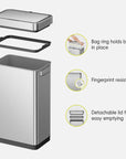 EKO trash can displayed with its components. Feature text highlights: "Bag ring holds bag in place," "Fingerprint resistant," and "Detachable lid for easy emptying."