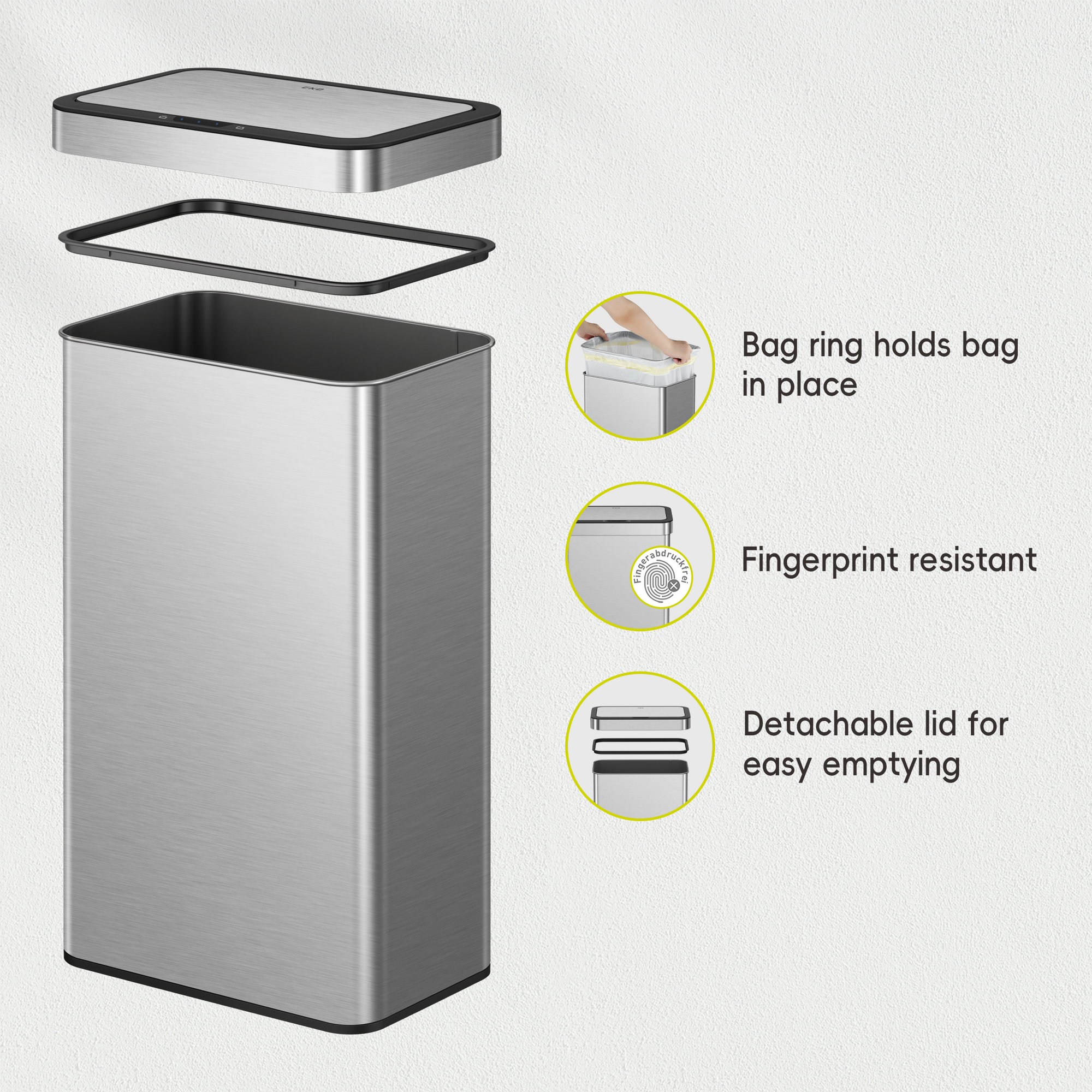 EKO Nova 21 Gallon/80 Liter Stainless Steel Motion Sensor Trash Can – Bag ring holds bag in place - Fingerprint resistant - Detachable lid for easy emptying