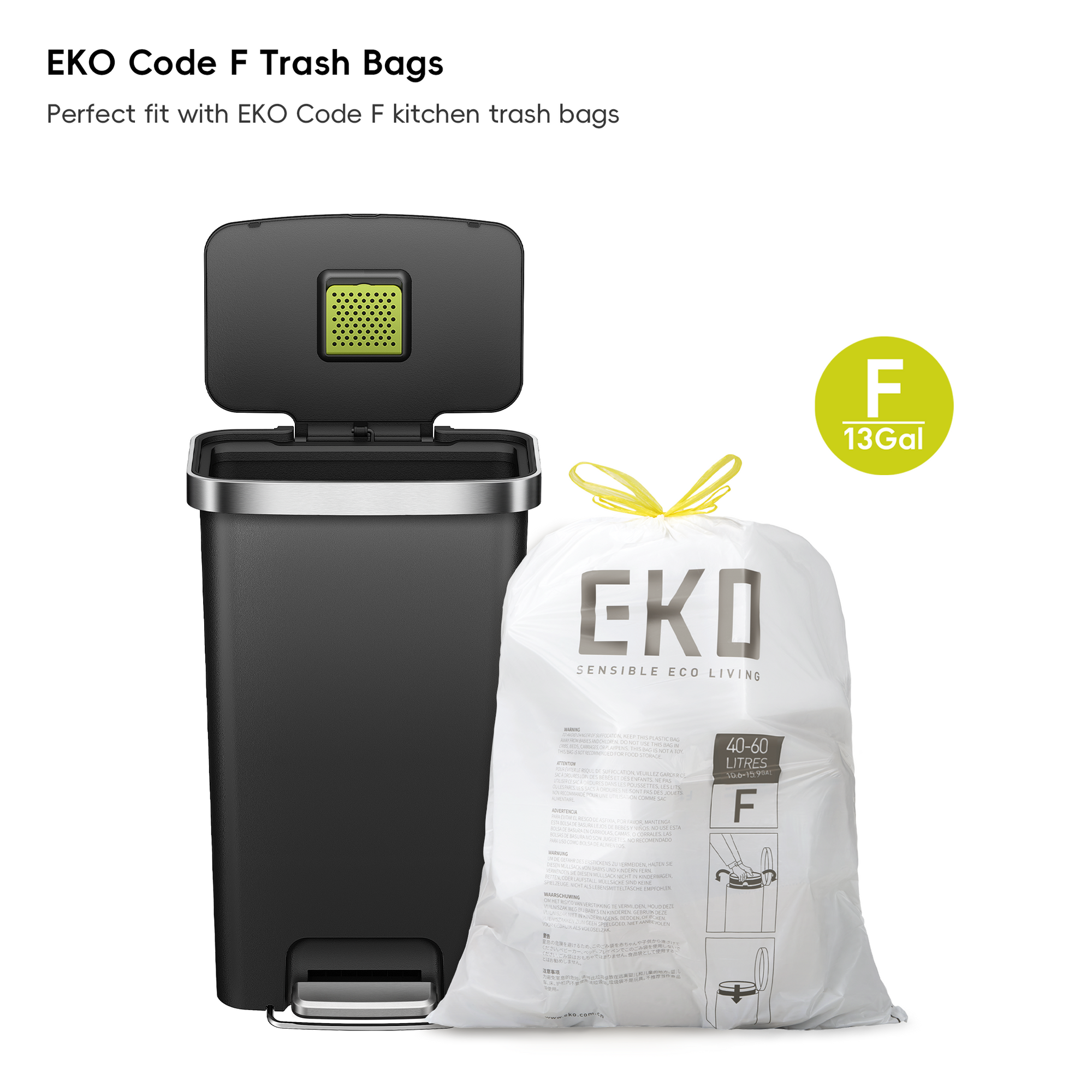 EKO HANA 45L/ 11.9 Gallon Plastic Resin Step Kitchen Trash Can-Black – EKO Code F Trash Bags