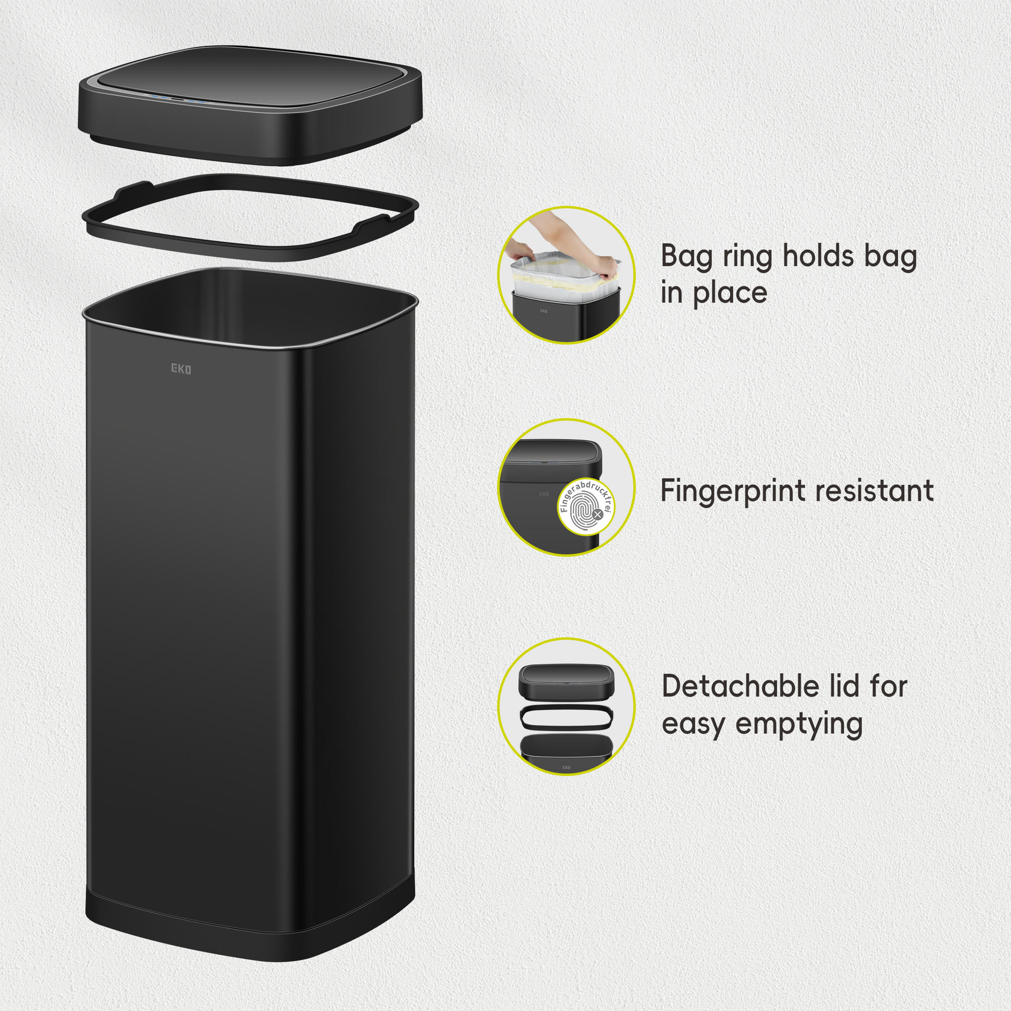 EKO EcoSmart 80L / 21.1 Gallon Motion Sensor Trash Can – Tall, Large Touchless Automatic Kitchen Garbage Bin-Matte Black – Bag ring holds bag
in place – Fingerprint resistant – Detachable lid for easy emptying