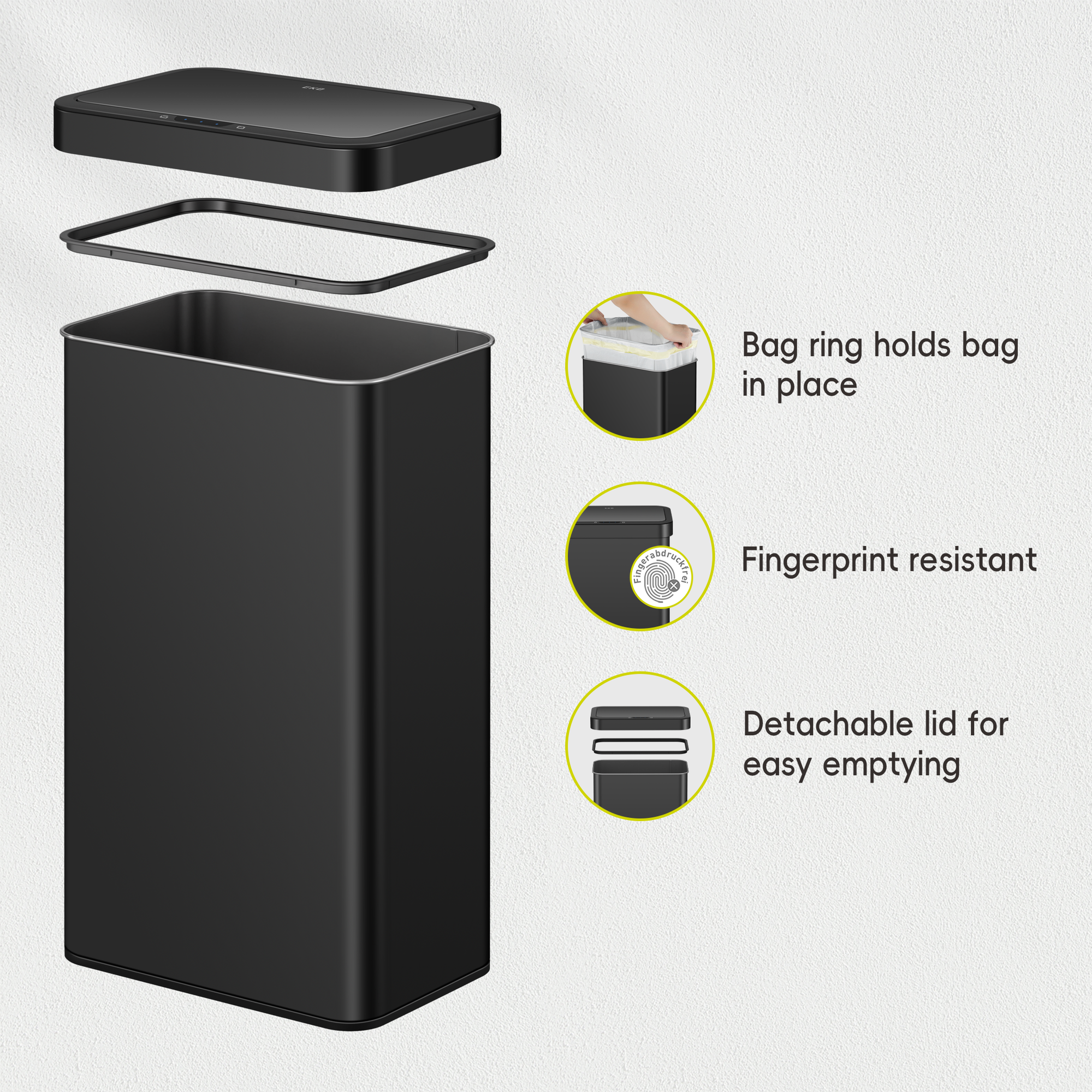 EKO Nova 21 Gallon/80 Liter Black Stainless Steel Rectangular Touchless Motion Sensor Trash Can – Bag ring holds bag in place - Fingerprint resistant - Detachable lid for easy emptying