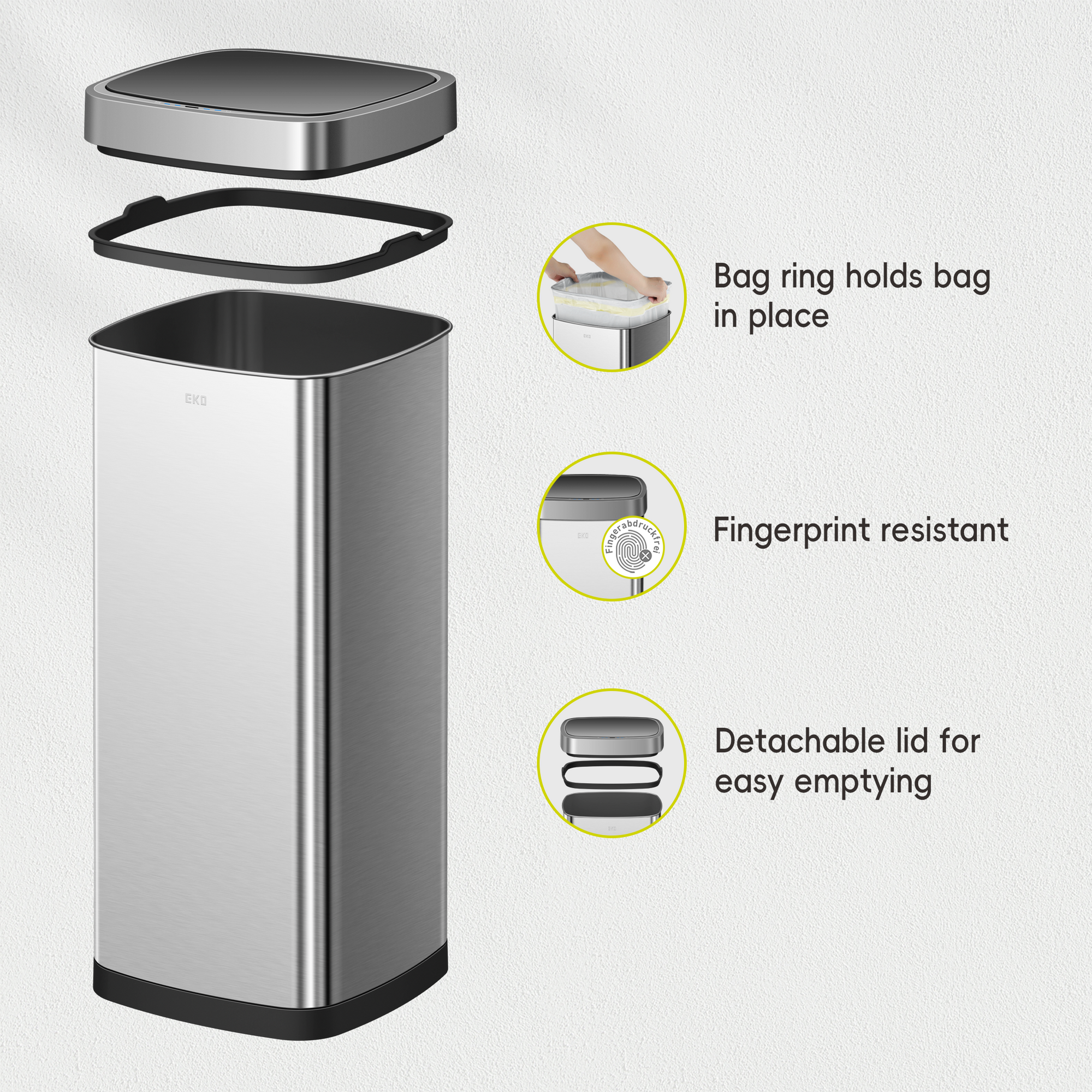 EKO Ecosmart Sensor Can - 80L / 21.1 Gal Tall and Large Kitchen Trash Can – Bag ring holds bag in place - Fingerprint resistant - Detachable lid for
easy emptying