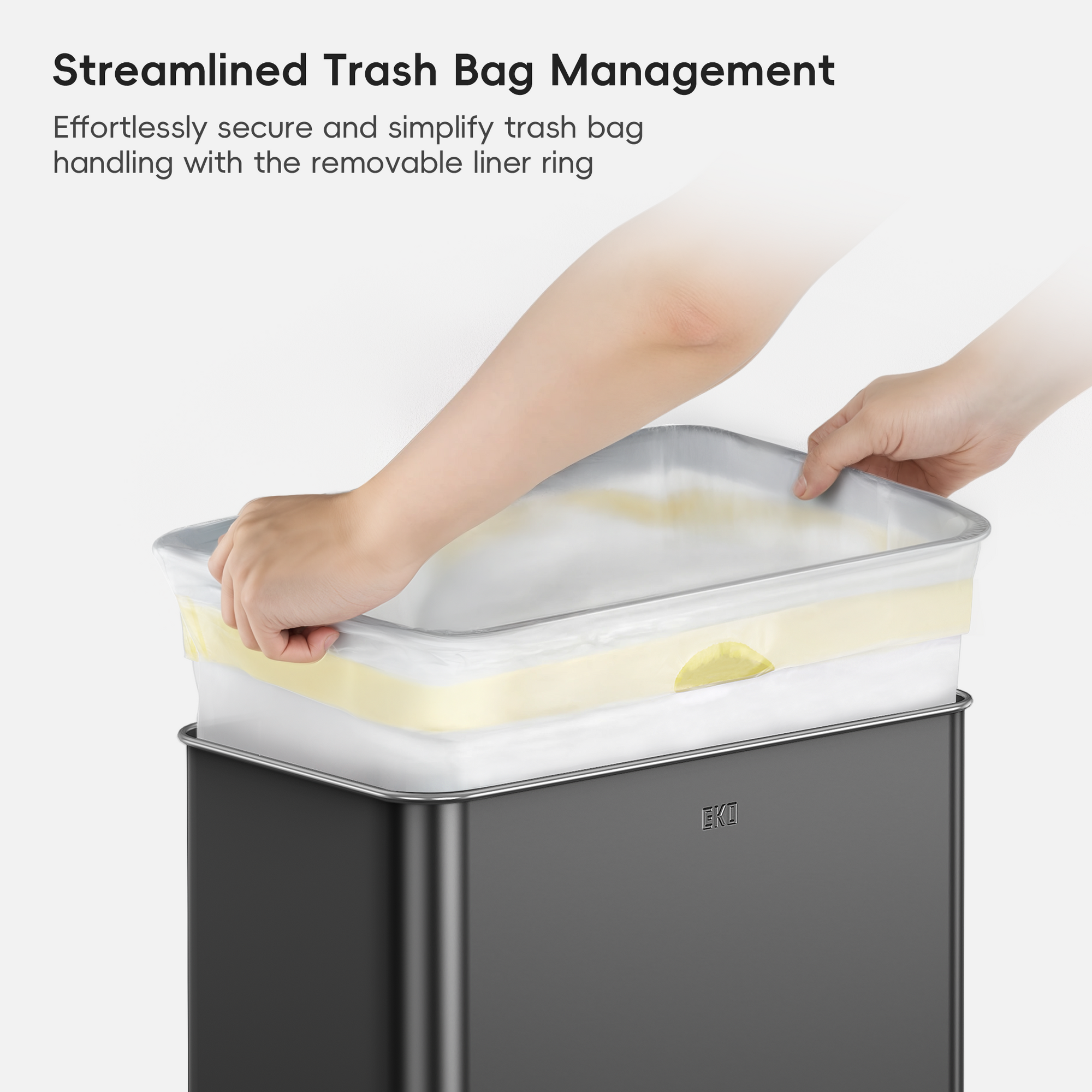 Person securing an EKO trash bag with a removable liner ring on a trash bin illustrating Streamlined Trash Bag Management. Effortlessly secure and simplify trash bag handling with the removable liner ring.