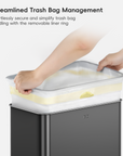 Person securing an EKO trash bag with a removable liner ring on a trash bin illustrating Streamlined Trash Bag Management. Effortlessly secure and simplify trash bag handling with the removable liner ring.