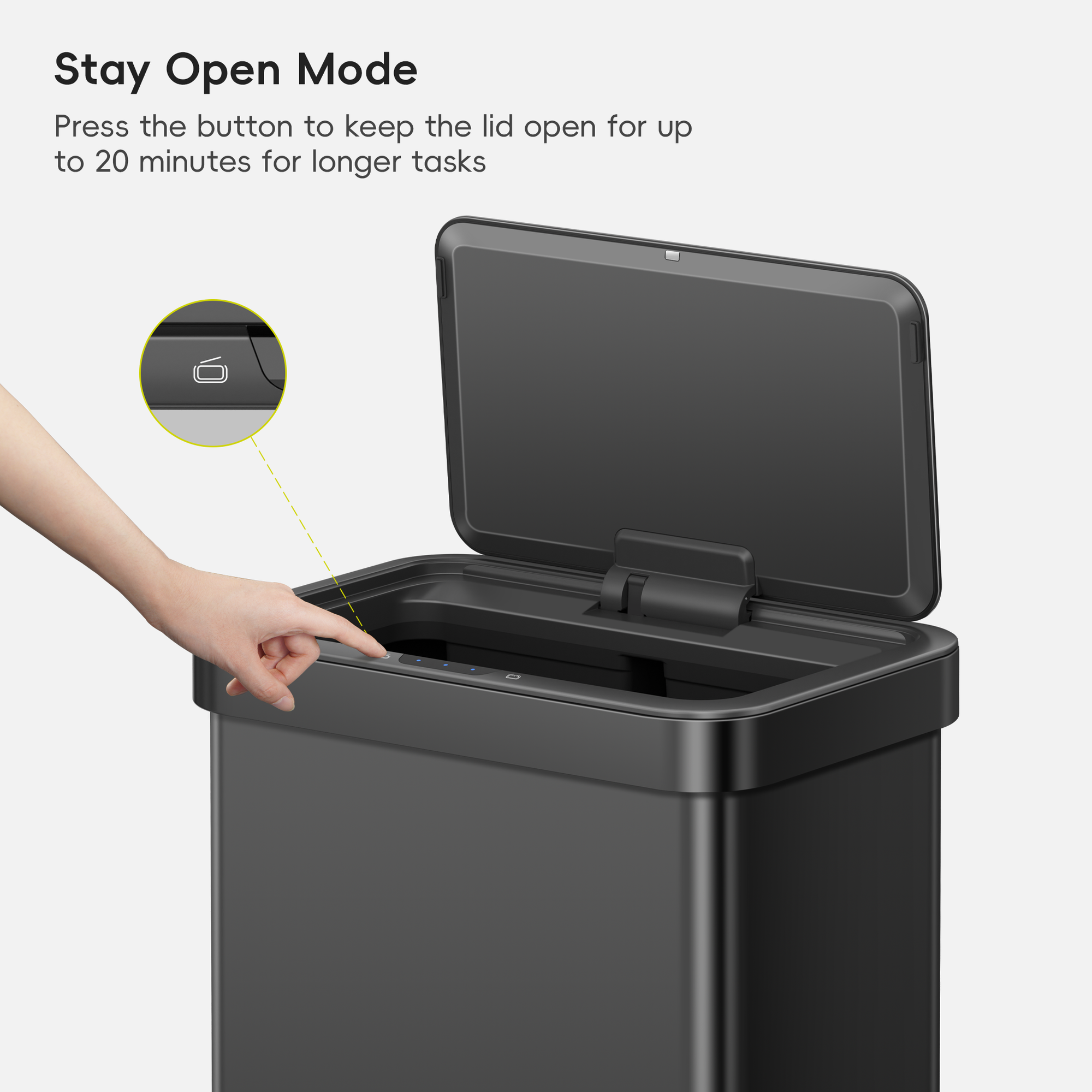 A hand interacts with EKO trash can lid. Text labels this process: "Stay Open Mode Press the button to keep the lid open for up to 20 minutes for longer tasks."