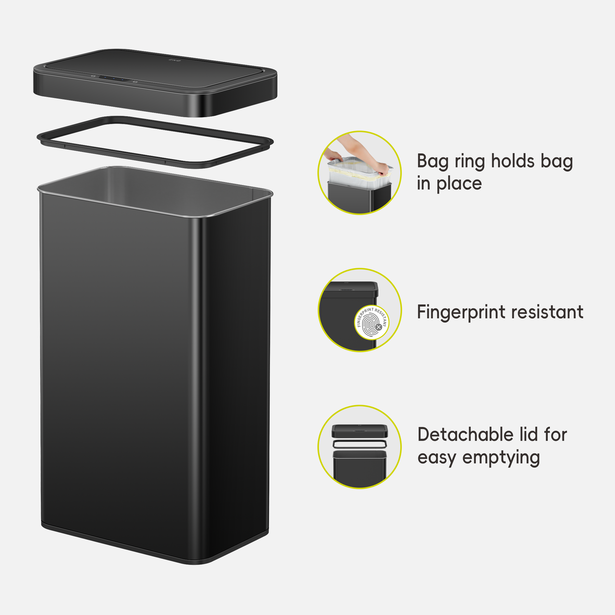 EKO Trash Can displayed with its components. Feature text highlights: "Bag ring holds bag in place," "Fingerprint resistant," and "Detachable lid for easy emptying."