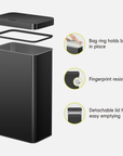 EKO Trash Can displayed with its components. Feature text highlights: "Bag ring holds bag in place," "Fingerprint resistant," and "Detachable lid for easy emptying."