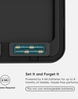 A close-up of EKO Trash Can lid highlights battery slots. Text reads: "Set It and Forget It. Powered by 4 AA batteries for up to 8 months of reliable, hassle-free performance *Do not use rechargeable batteries*."