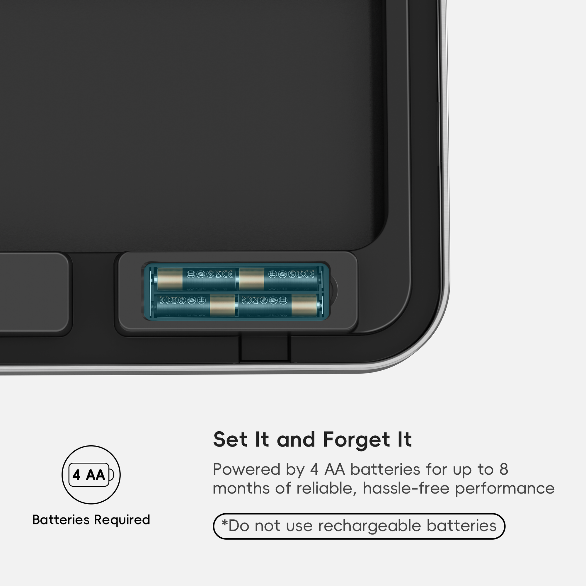 A close-up of an EKO trash can lid highlights battery slots. Text reads: "Set It and Forget It. Powered by 4 AA batteries for up to 8 months of reliable, hassle-free performance *Do not use rechargeable batteries*."