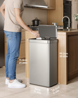 Person interacting with an EKO kitchen trash bin in a modern kitchen setting. Dimensions shown around trash can.