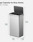 EKO trash can dimensions. Text includes: "Large Capacity for a Busy Homes," "80 Liter / 21 Gallon".