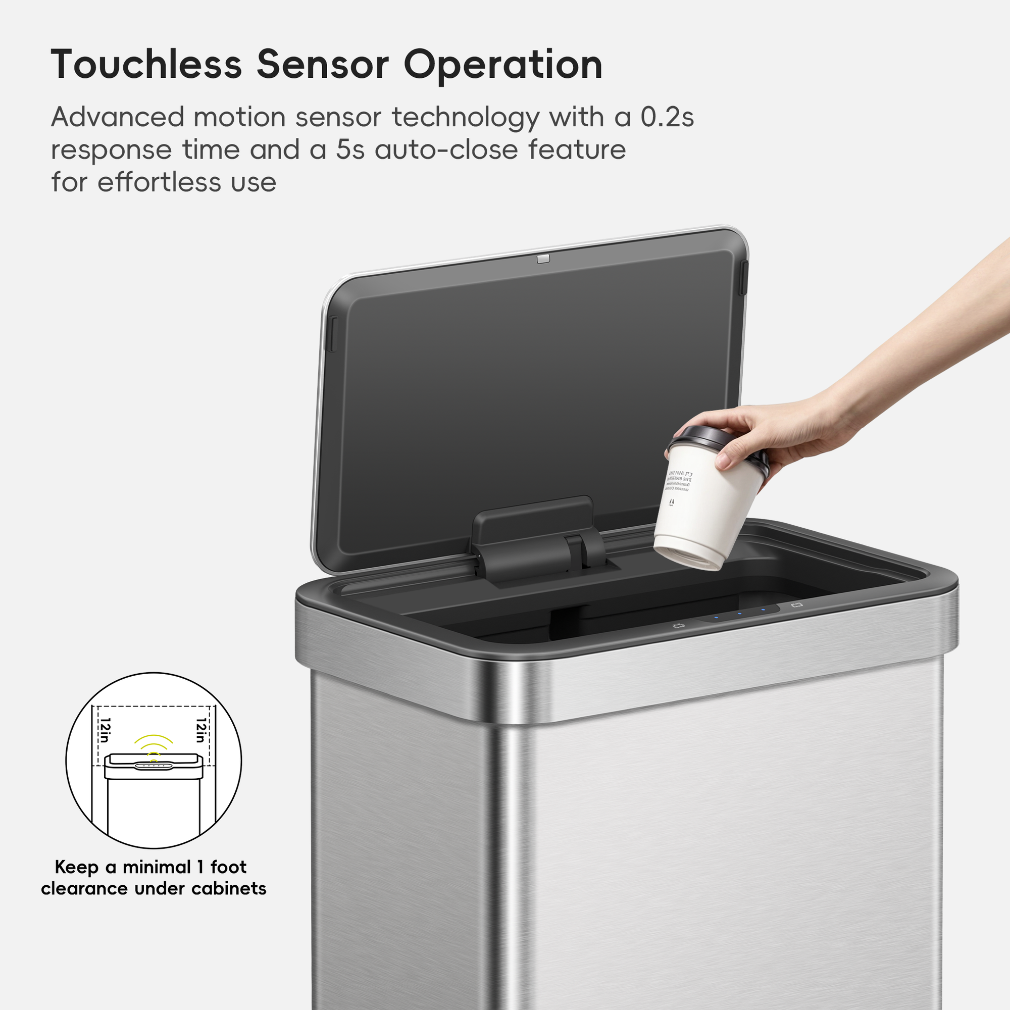 A hand places a paper cup into EKO trash can featuring a touchless sensor. Text reads: "Touchless Sensor Operation. Advanced motion sensor technology with a 0.2s response time and a 5s auto-close feature for effortless use. Keep a minimal 1 foot clearance under cabinets."