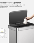 A hand places a paper cup into EKO trash can featuring a touchless sensor. Text reads: "Touchless Sensor Operation. Advanced motion sensor technology with a 0.2s response time and a 5s auto-close feature for effortless use. Keep a minimal 1 foot clearance under cabinets."