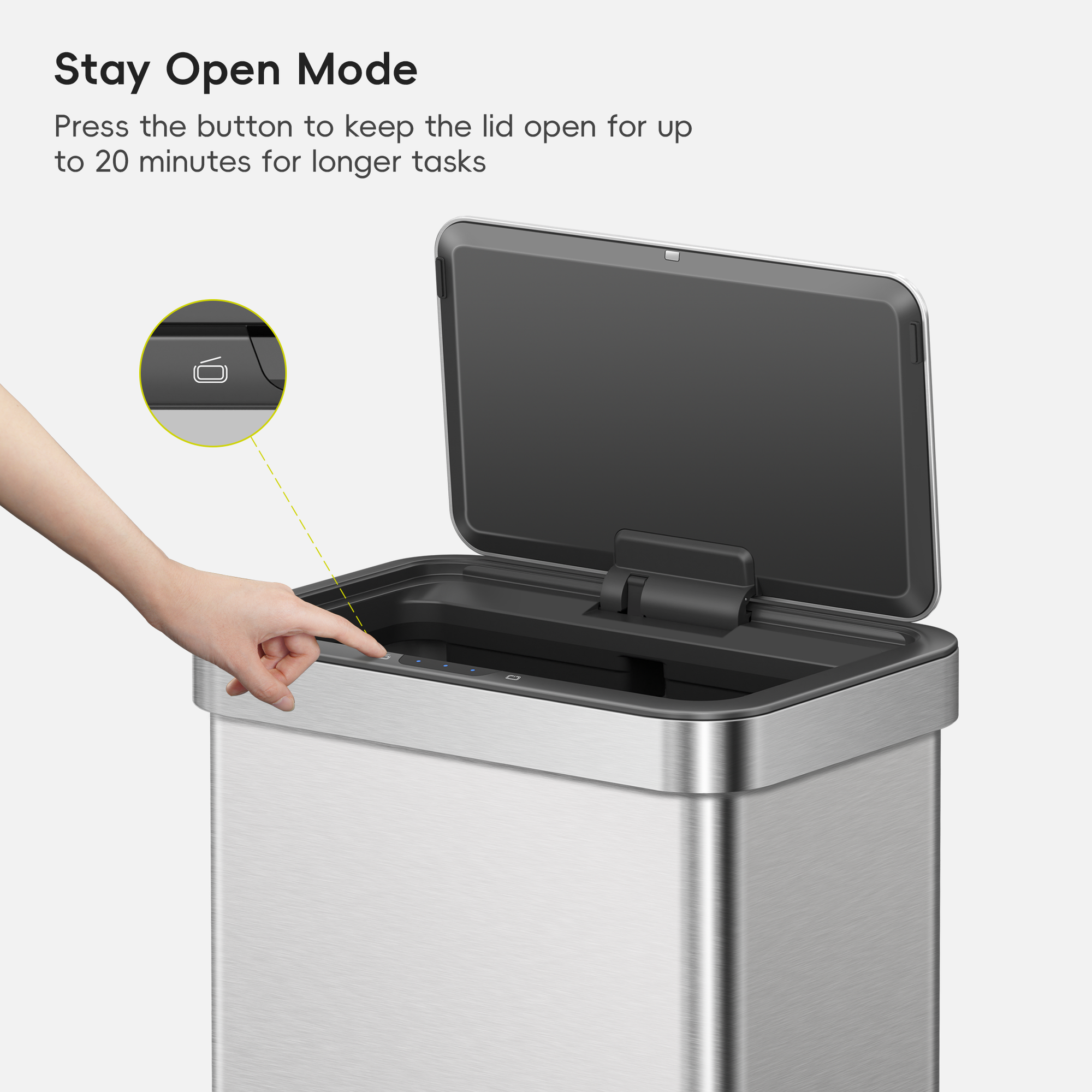 A hand interacts with an EKO trash can lid. Text labels this process: "Stay Open Mode. Press the button to keep the lid open for up to 20 minutes for longer tasks."