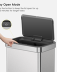 A hand interacts with an EKO trash can lid. Text labels this process: "Stay Open Mode. Press the button to keep the lid open for up to 20 minutes for longer tasks."