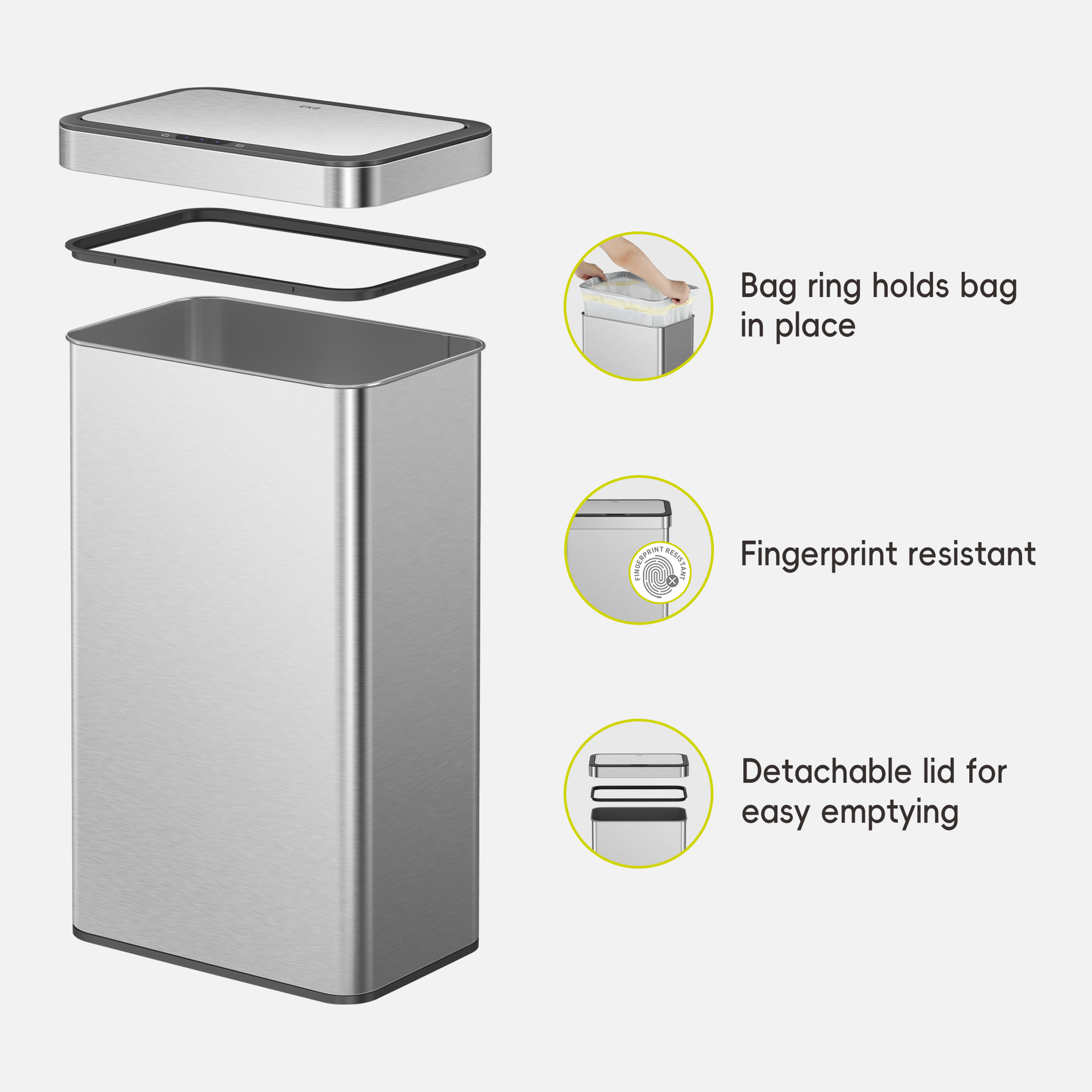 EKO trash can displayed with its components. Feature text highlights: "Bag ring holds bag in place," "Fingerprint resistant," and "Detachable lid for easy emptying."