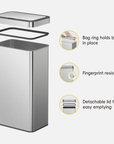 EKO trash can displayed with its components. Feature text highlights: "Bag ring holds bag in place," "Fingerprint resistant," and "Detachable lid for easy emptying."
