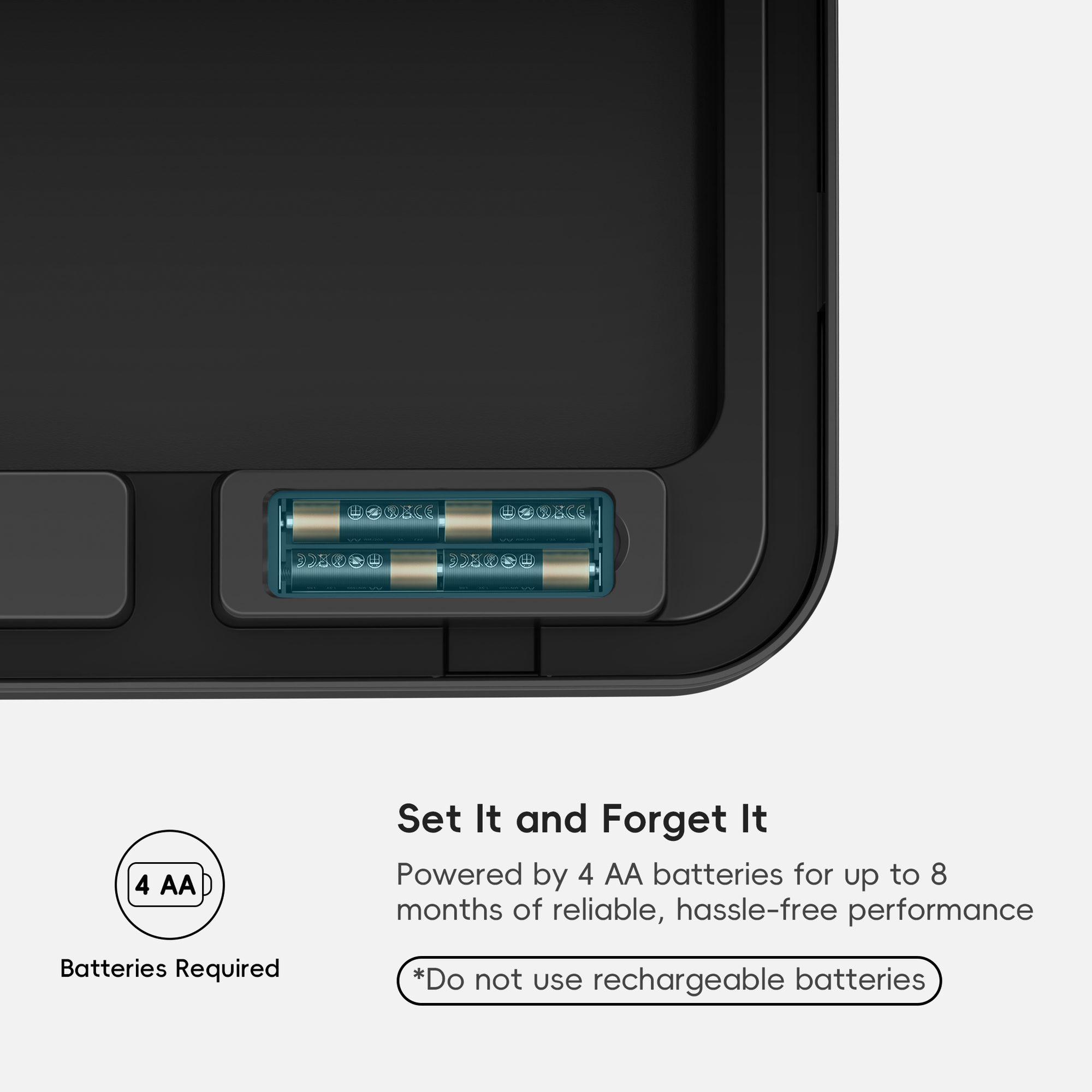 Battery compartment of an EKO Trash Can with '4 AA Batteries Required' text. Ultra Power-Efficient 8-month performance with only 4 AA alkaline batteries.