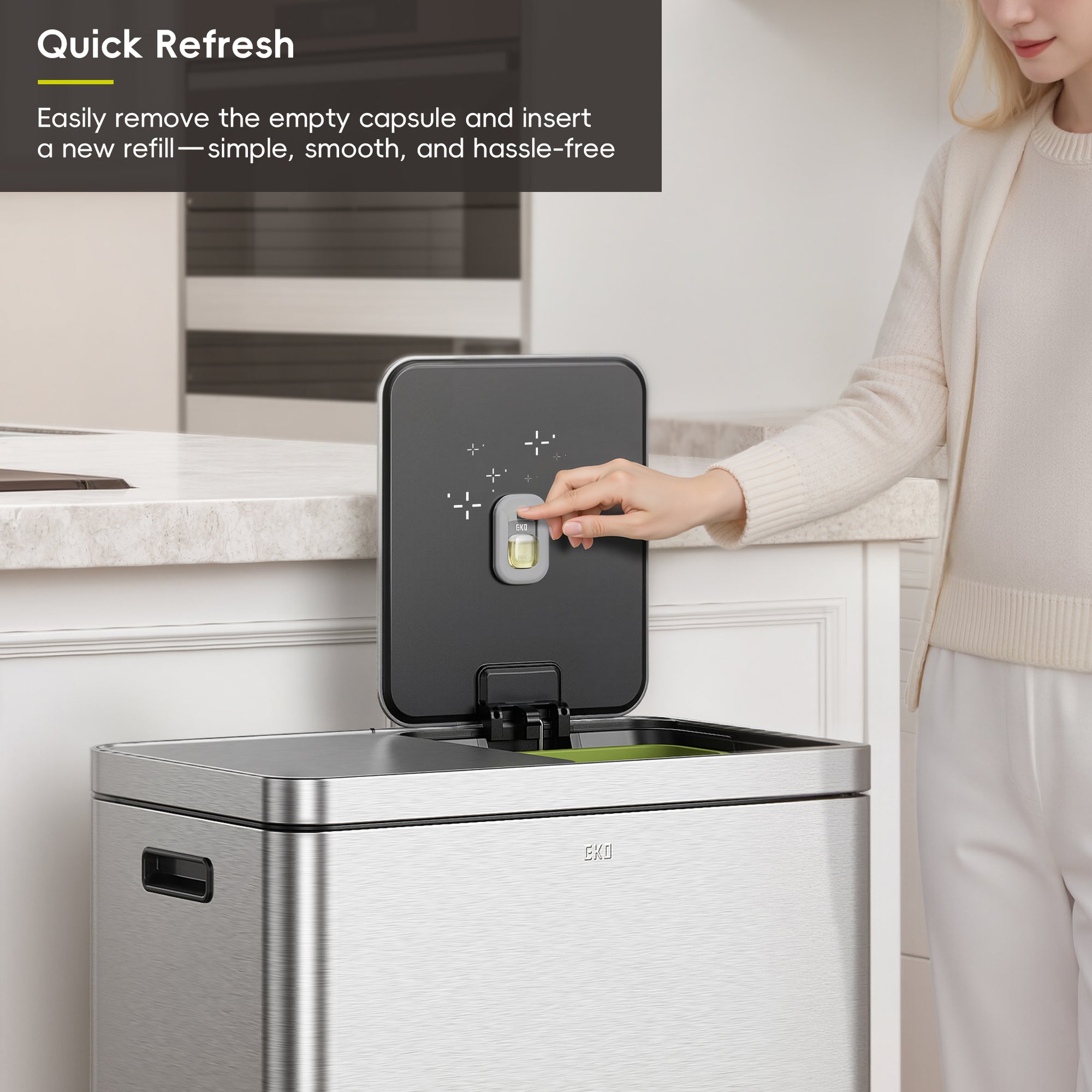 EKO Deodorizer Pod Kit with Refillable Holder, Plant-Based Odor Eliminator for Trash Can – Quick Refresh
