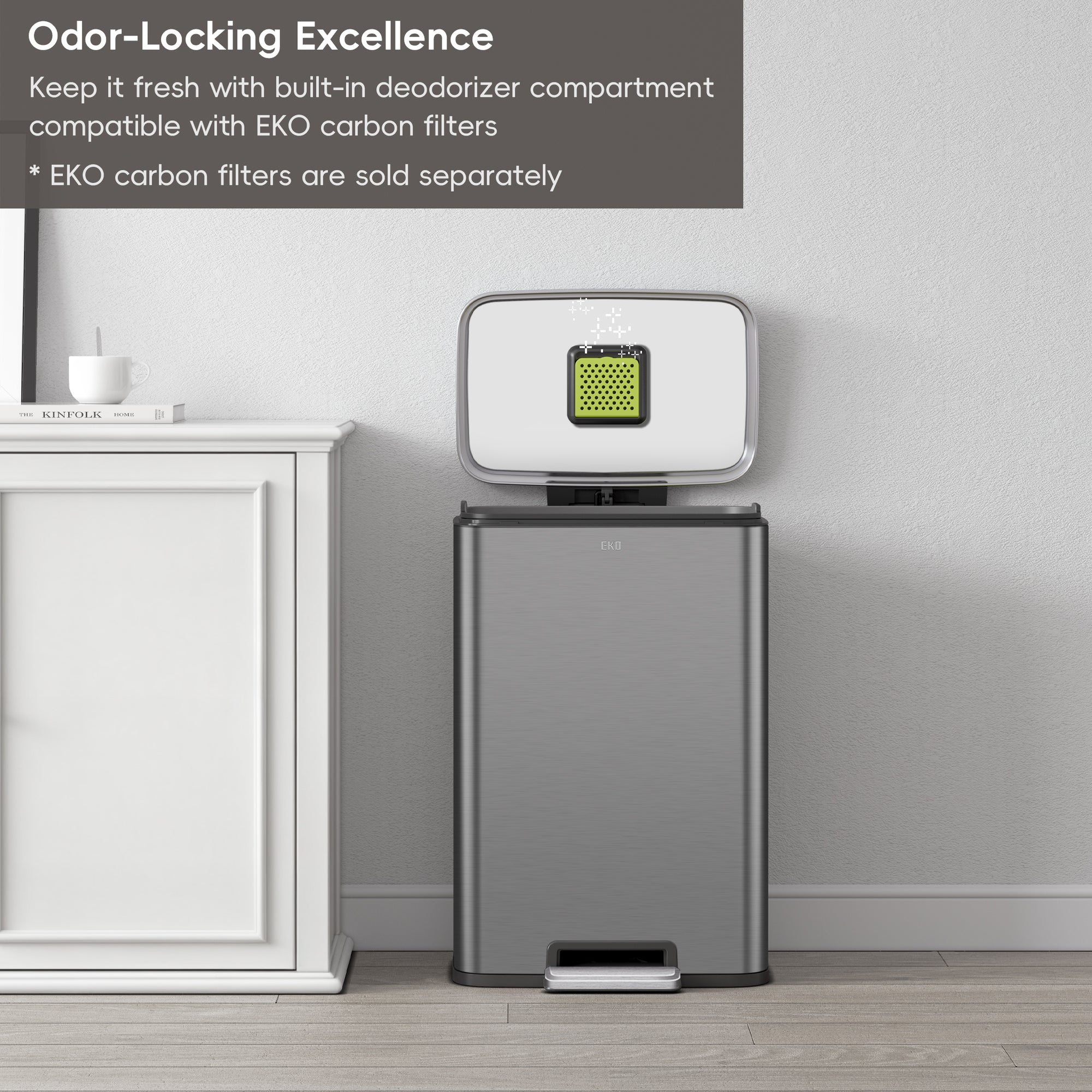 EKO Madison Gunmetal Steel 50 Liter/13.2 Gallon Step Trash Can with Inner Liner – Odor-Locking Excellence - Keep it fresh with built-in deodorizer compartment compatible with EKO carbon filters