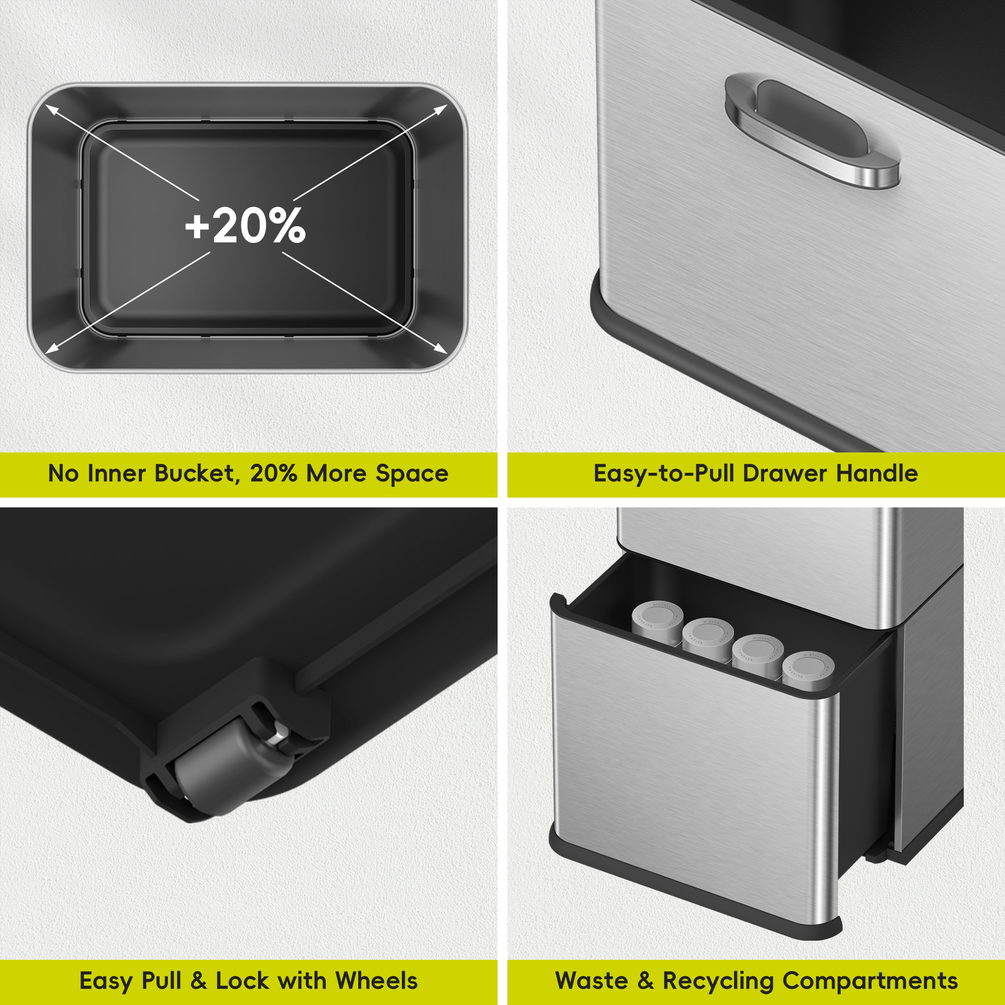 EKO Vintage Dual Compartment 32L + 18L Stainless Steel Motion Sensor Trash Can – No Inner Bucket, 20% More Space - Easy-to-Pull Drawer Handle - Easy Pull &amp; Lock with Wheels - Waste &amp; Recycling Compartments