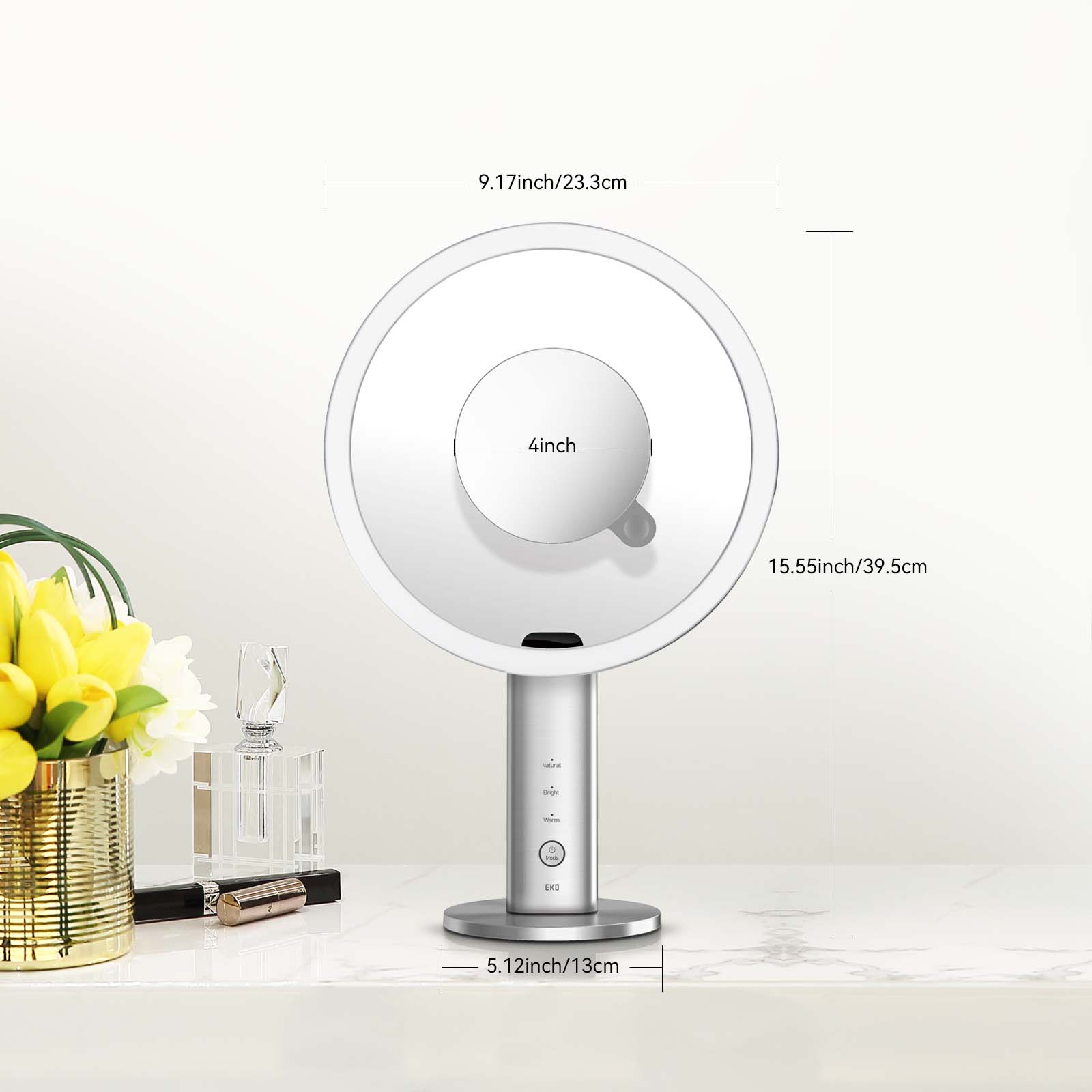 EKO iMira Ultra Clear 8" Sensor Mirror - Dark Gray 1X/5X – Dimensions