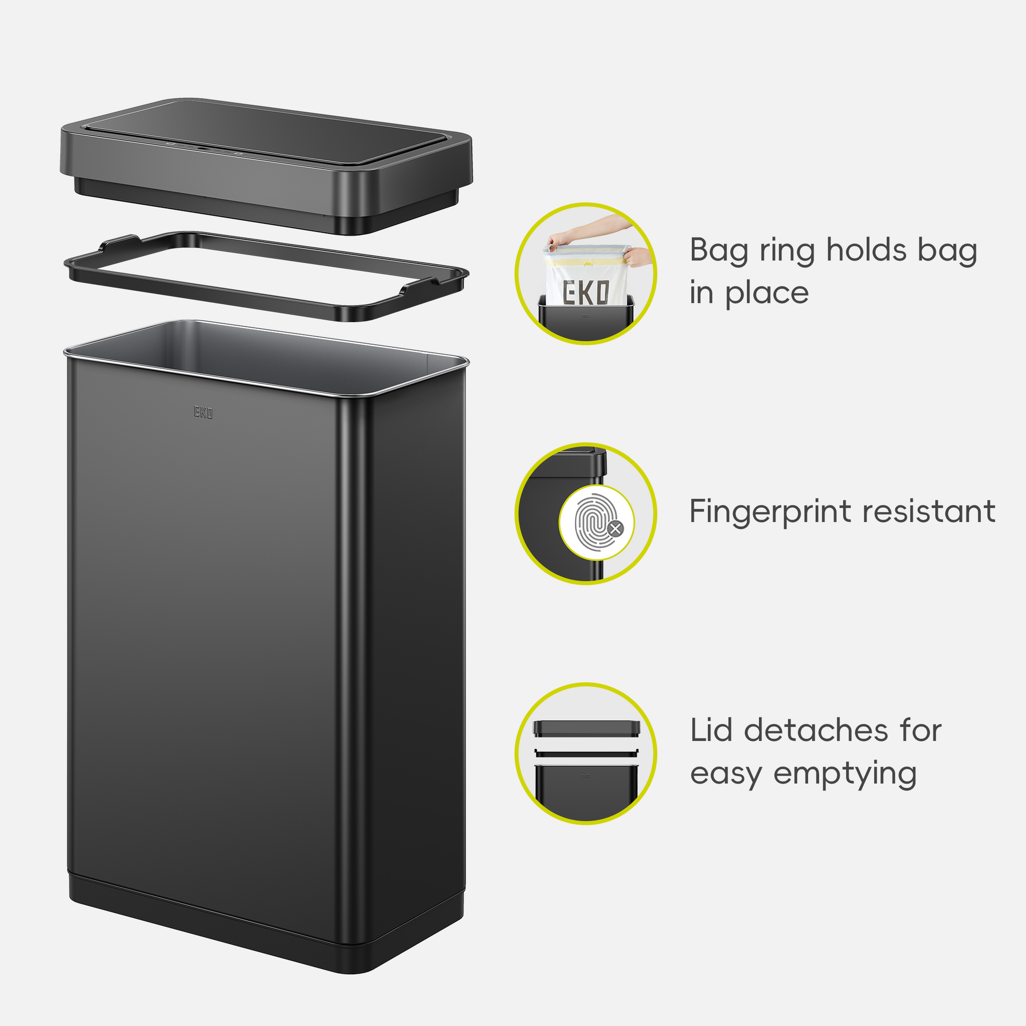 EKO trash can displayed with its components. Feature text highlights: "Bag ring holds bag in place," "Fingerprint resistant," and "Detachable lid for easy emptying."