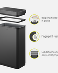 EKO trash can displayed with its components. Feature text highlights: "Bag ring holds bag in place," "Fingerprint resistant," and "Detachable lid for easy emptying."