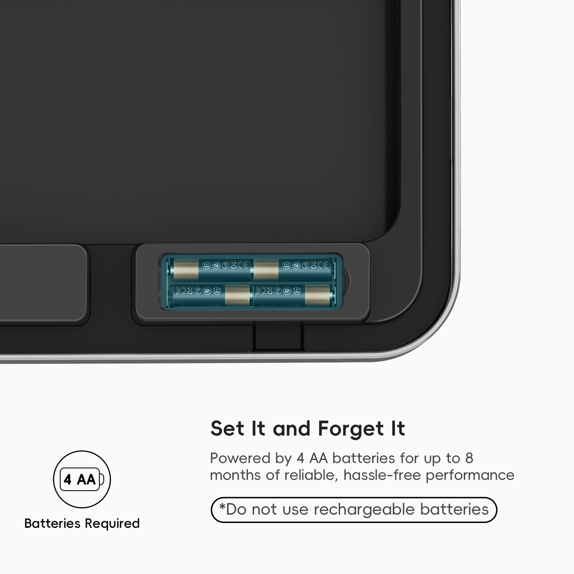 A close-up of EKO trash can lid highlights two battery slots. Text reads: "Set It and Forget It. Powered by 4 AA batteries for up to 8 months of reliable, hassle-free performance *Do not use rechargeable batteries*."