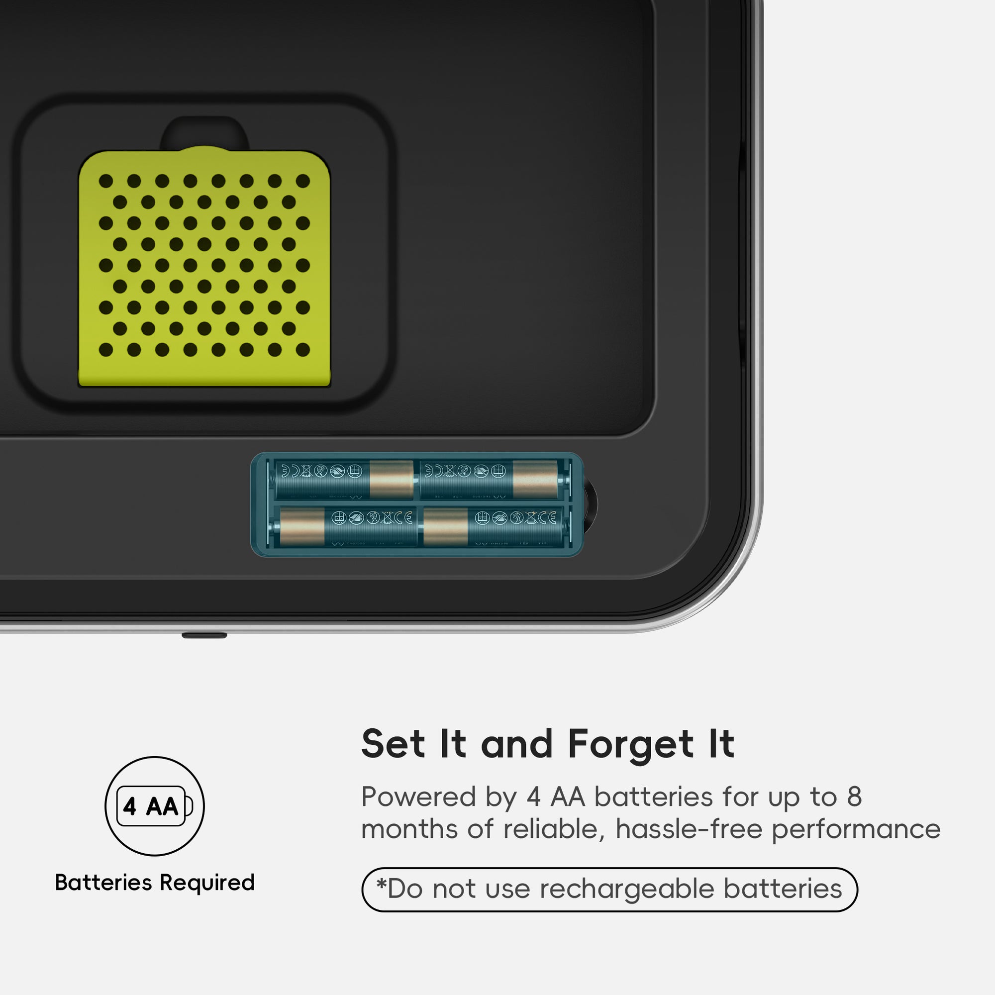 A close-up of an EKO trash can lid highlights battery slots. Text reads: "Set It and Forget It. Powered by 4 AA batteries for up to 8 months of reliable, hassle-free performance *Do not use rechargeable batteries*."