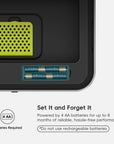 A close-up of an EKO trash can lid highlights battery slots. Text reads: "Set It and Forget It. Powered by 4 AA batteries for up to 8 months of reliable, hassle-free performance *Do not use rechargeable batteries*."