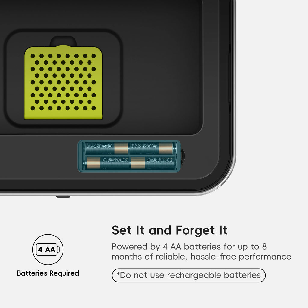 A close-up of an EKO trash can lid highlights battery slots. Text reads: "Set It and Forget It. Powered by 4 AA batteries for up to 8 months of reliable, hassle-free performance *Do not use rechargeable batteries*."