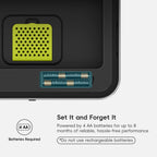 A close-up of an EKO trash can lid highlights battery slots. Text reads: "Set It and Forget It. Powered by 4 AA batteries for up to 8 months of reliable, hassle-free performance *Do not use rechargeable batteries*."