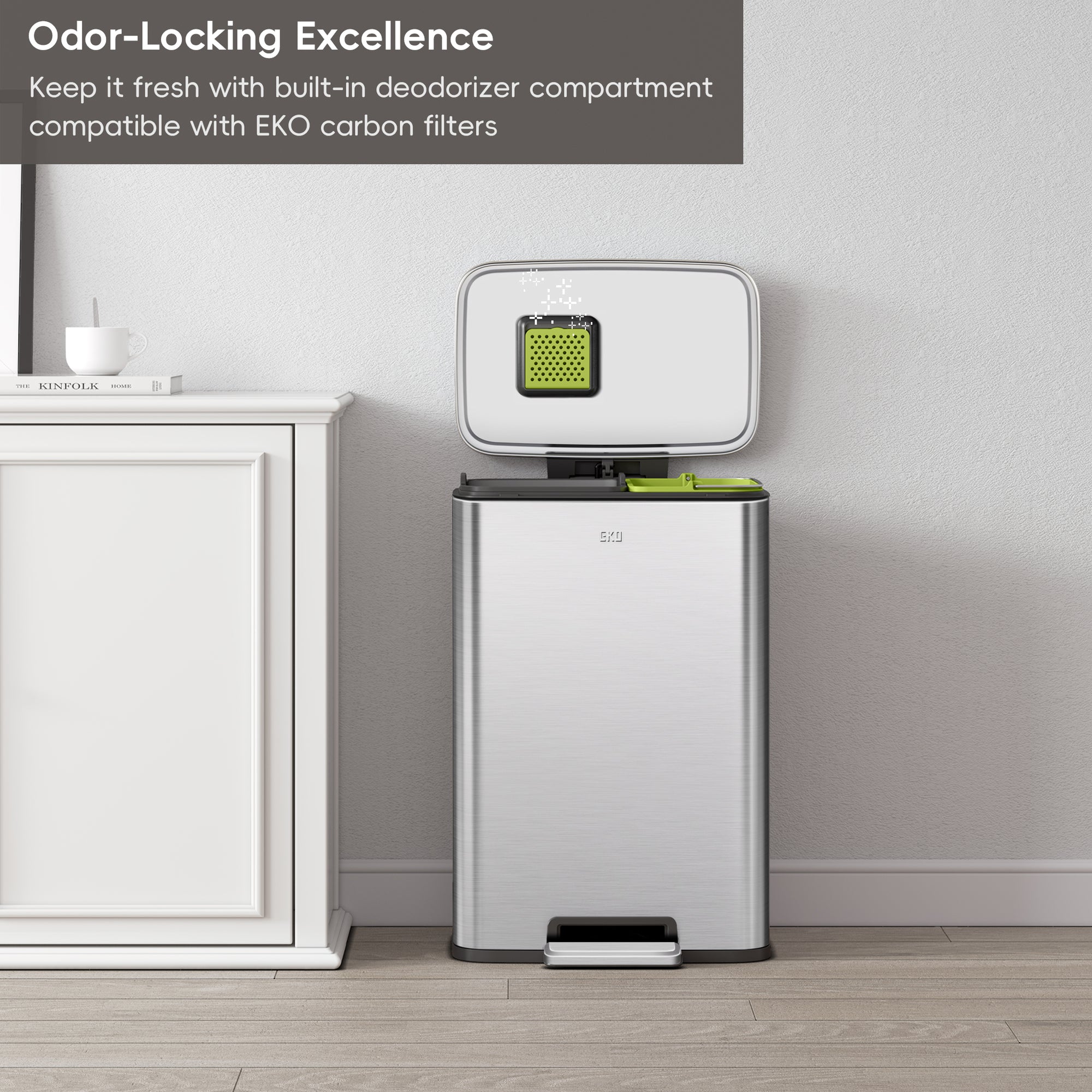 EKO Madison 25L+20L Dual Compartment Step Trash Can - Brushed Stainless – Odor-Locking Excellence - Keep it fresh with built-in deodorizer compartment compatible with EKO carbon filters