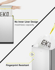 EKO trash can illustrating liner showing no inner liner design and fingerprint resistance features.