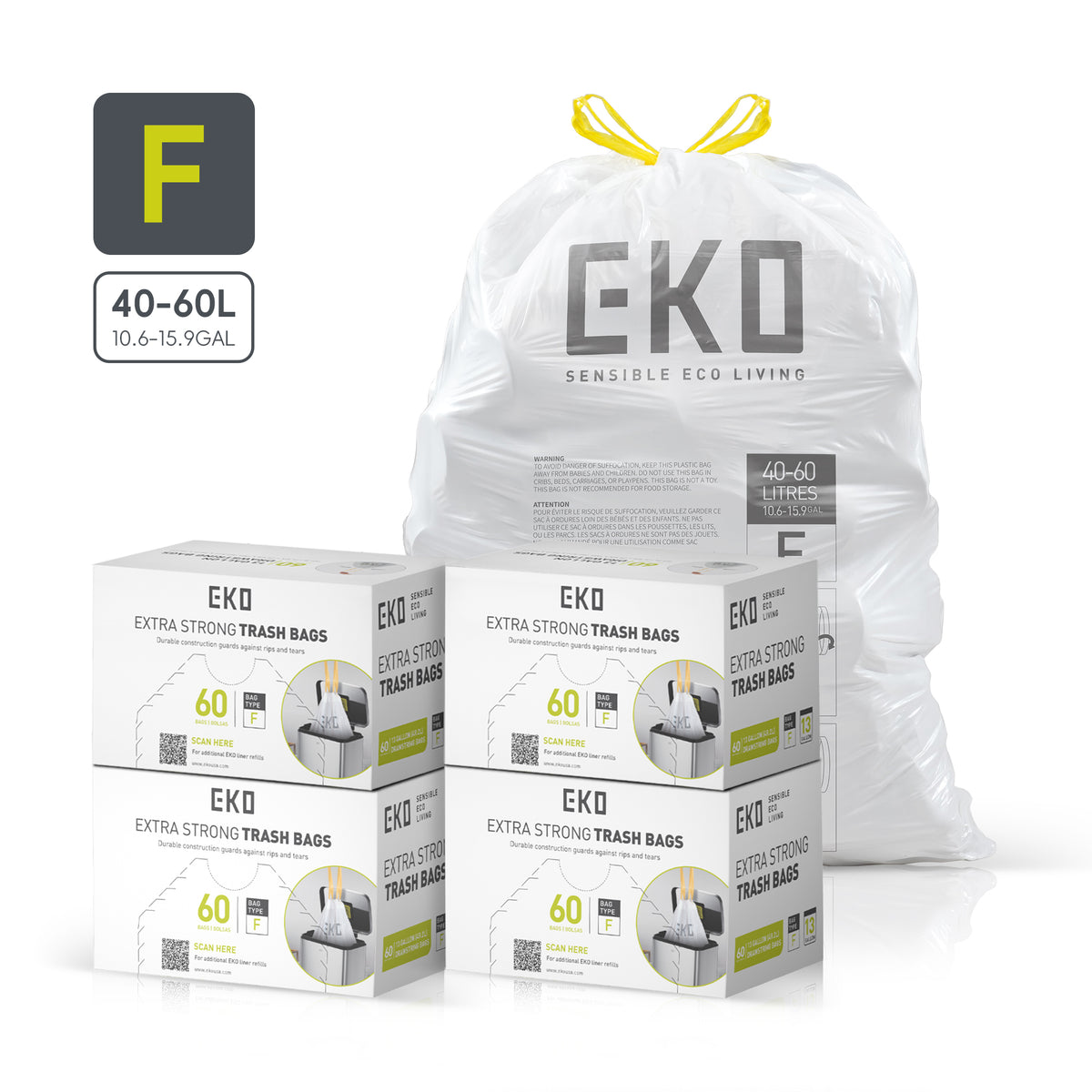Code F Easy-Dispense Roll Trash Bags, 40-60 L / 10.6-15.9 Gal