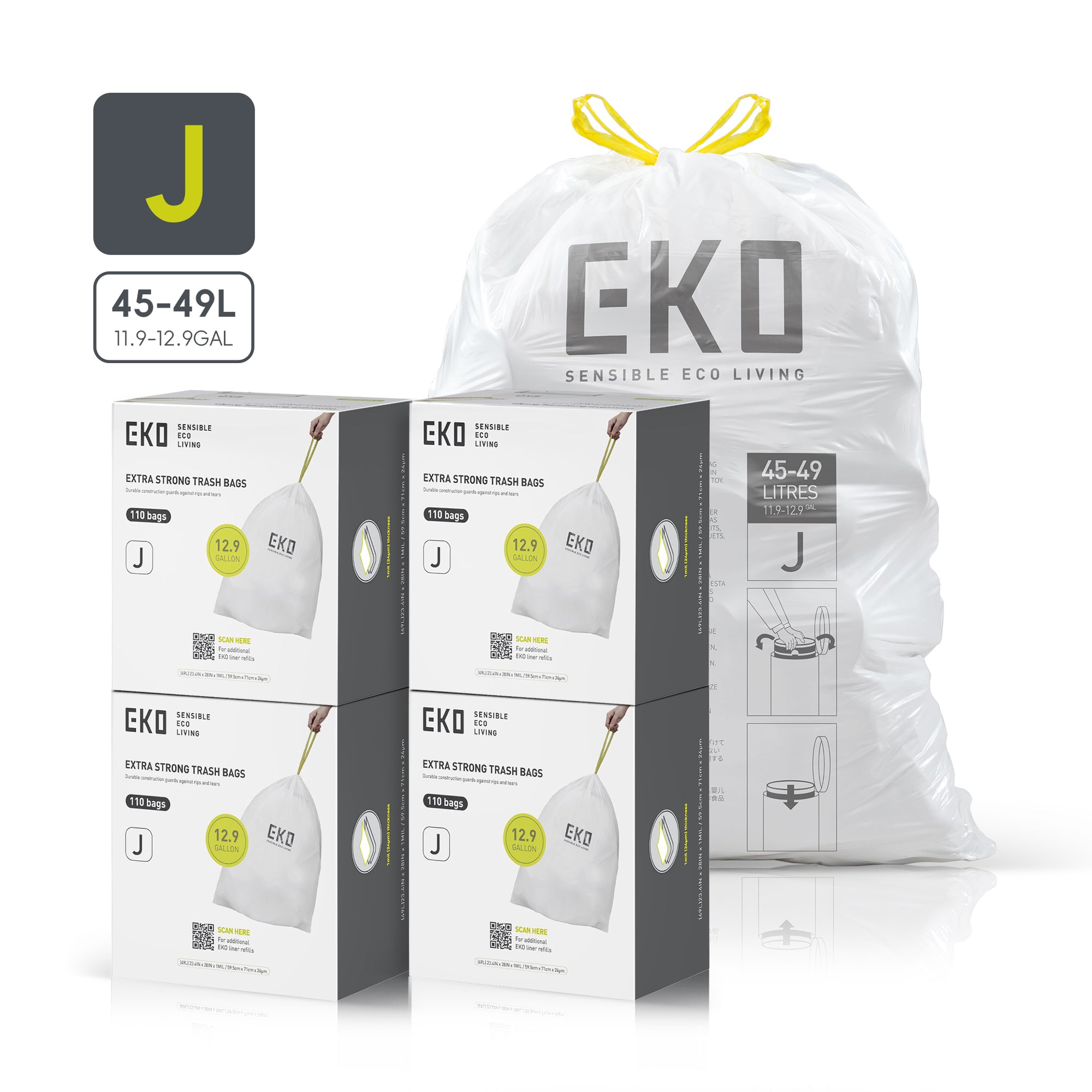 Code J - 12.9 Gallon (45-49L) Easy-Dispense Roll Trash Bag - 440 Count