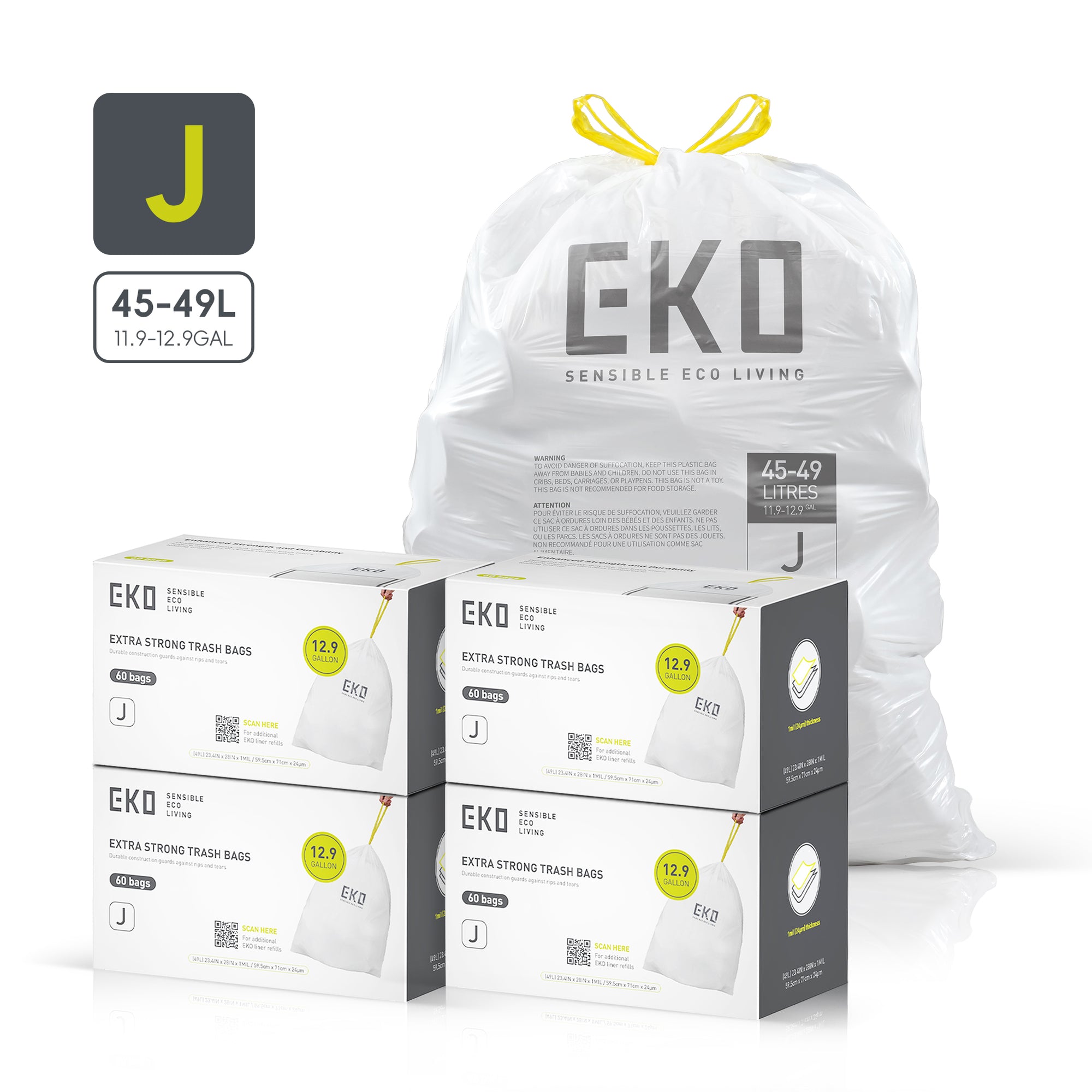 Code J - 12.9 Gallon (45-49L) Easy-Dispense Roll Trash Bag - 240 Count