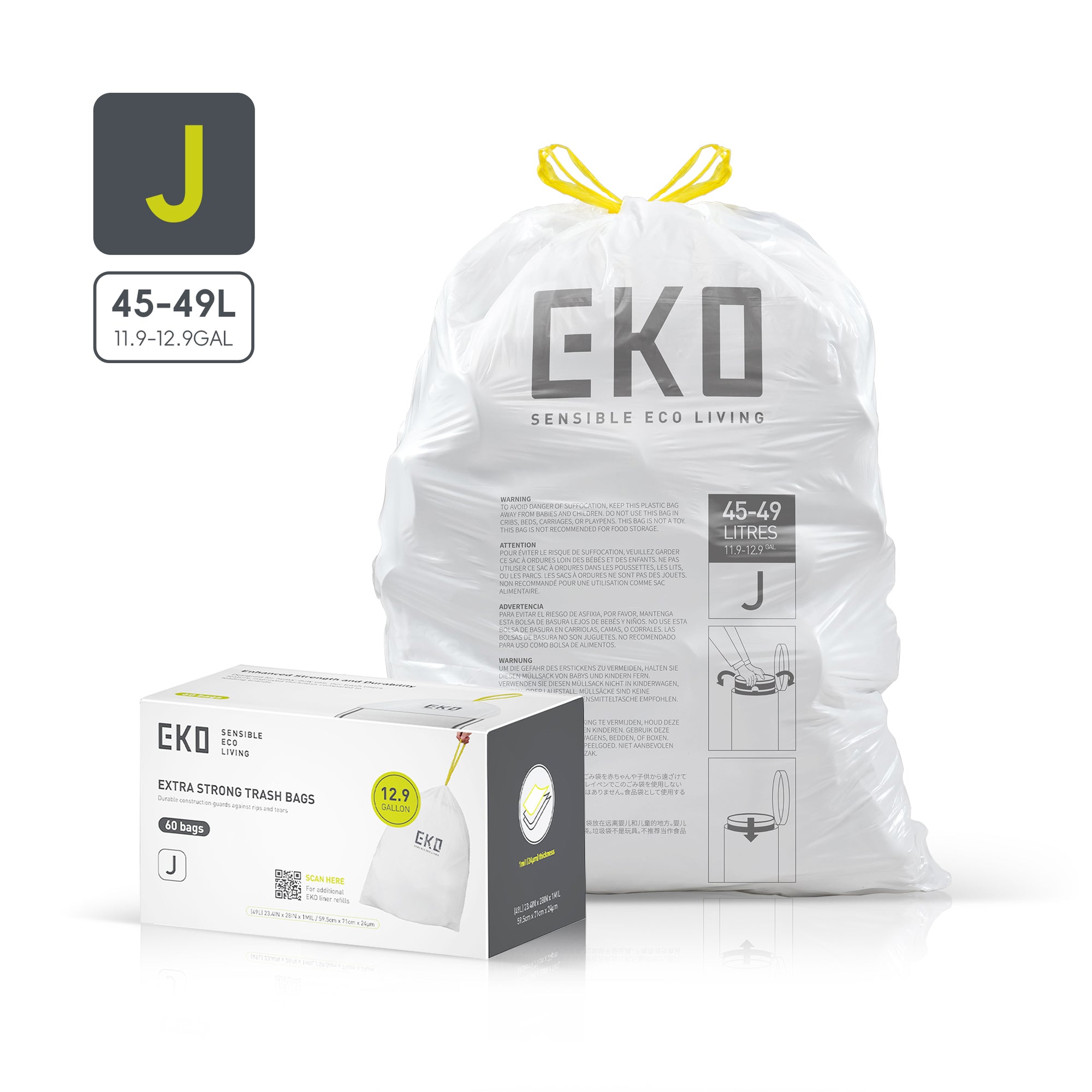 Code J - 12.9 Gallon (45-49L) Easy-Dispense Roll Trash Bag - 60 Count