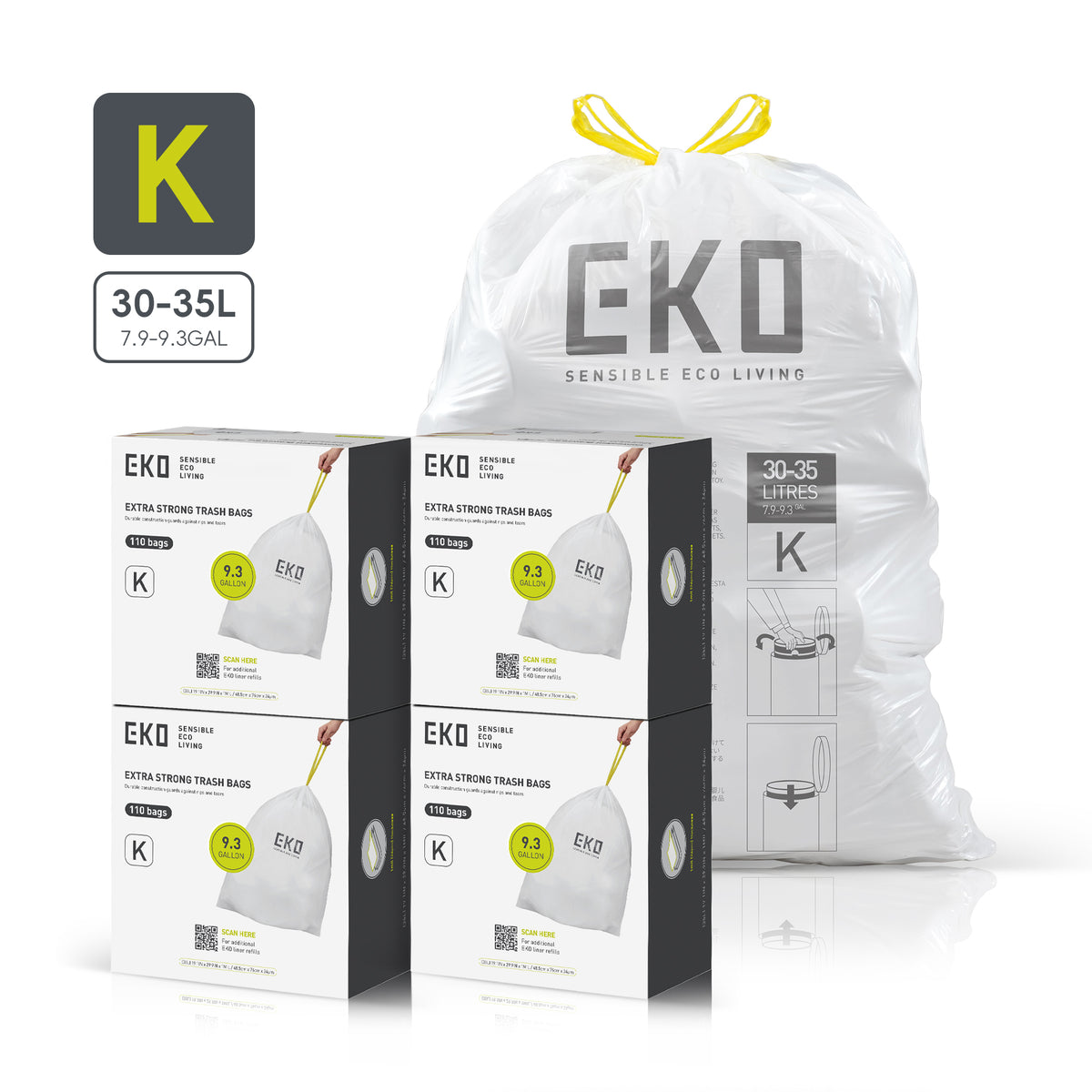 Code K Easy-Dispense Roll Trash Bags, 30-35 L / 7.9-9.3 Gal