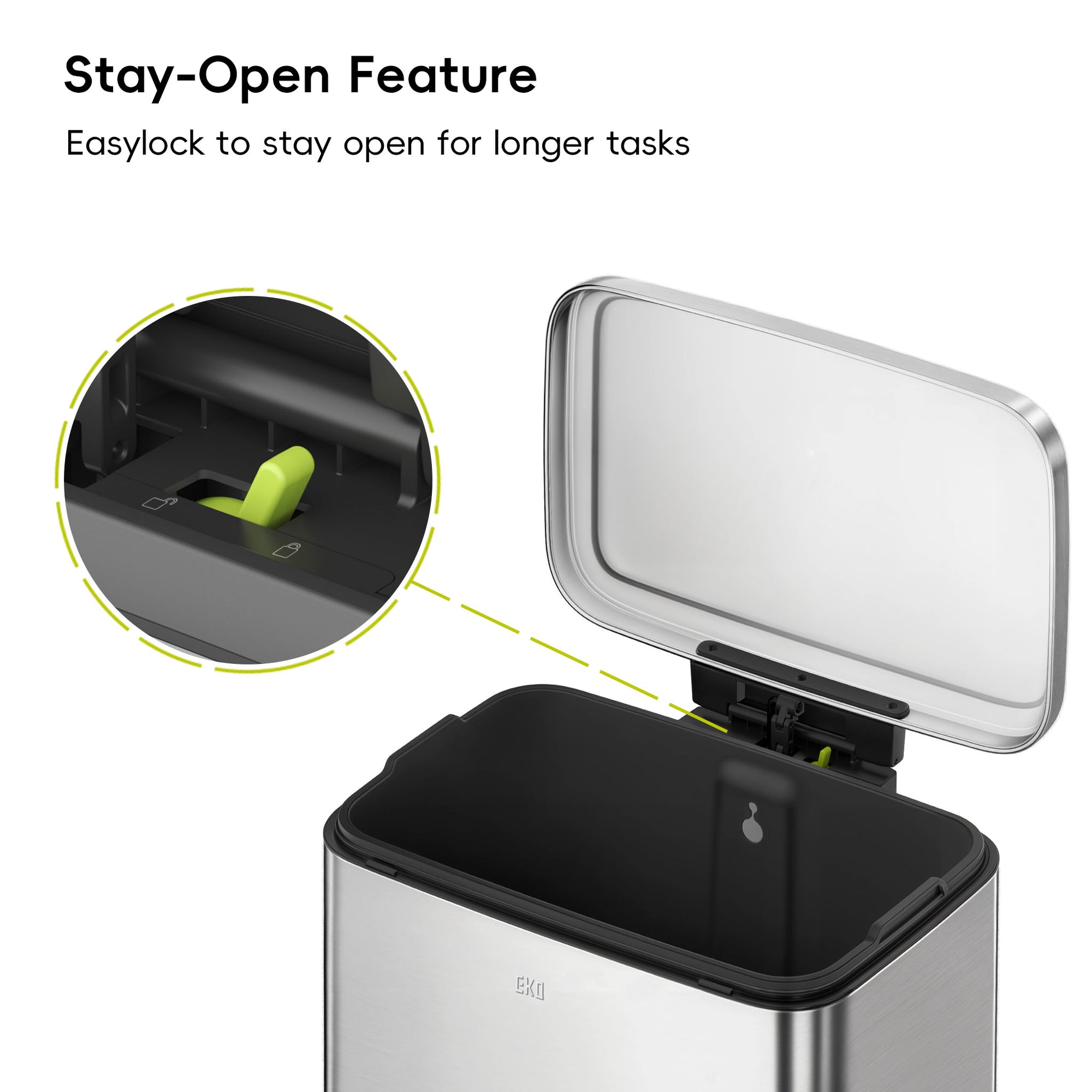 EKO Maxwell Step On Foot Pedal Trash Can, 13.2 Gallon/50L Stainless Steel Finish – Stay-Open Feature