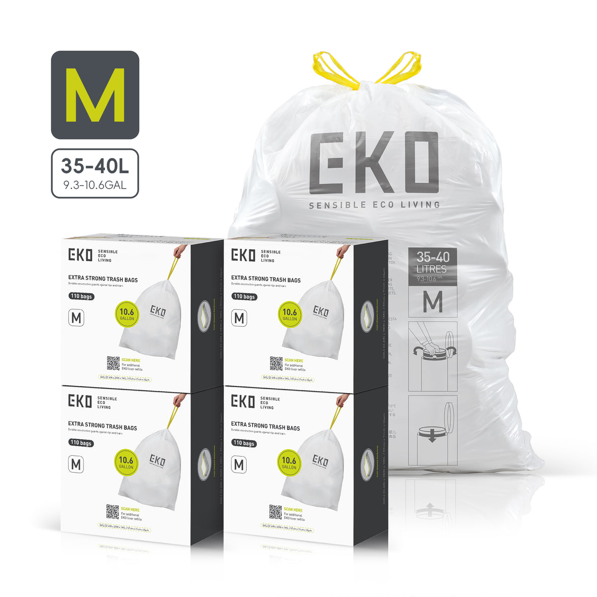 Code M Easy-Dispense Roll Trash Bags, 35-40 L / 9.3-10.6 Gal