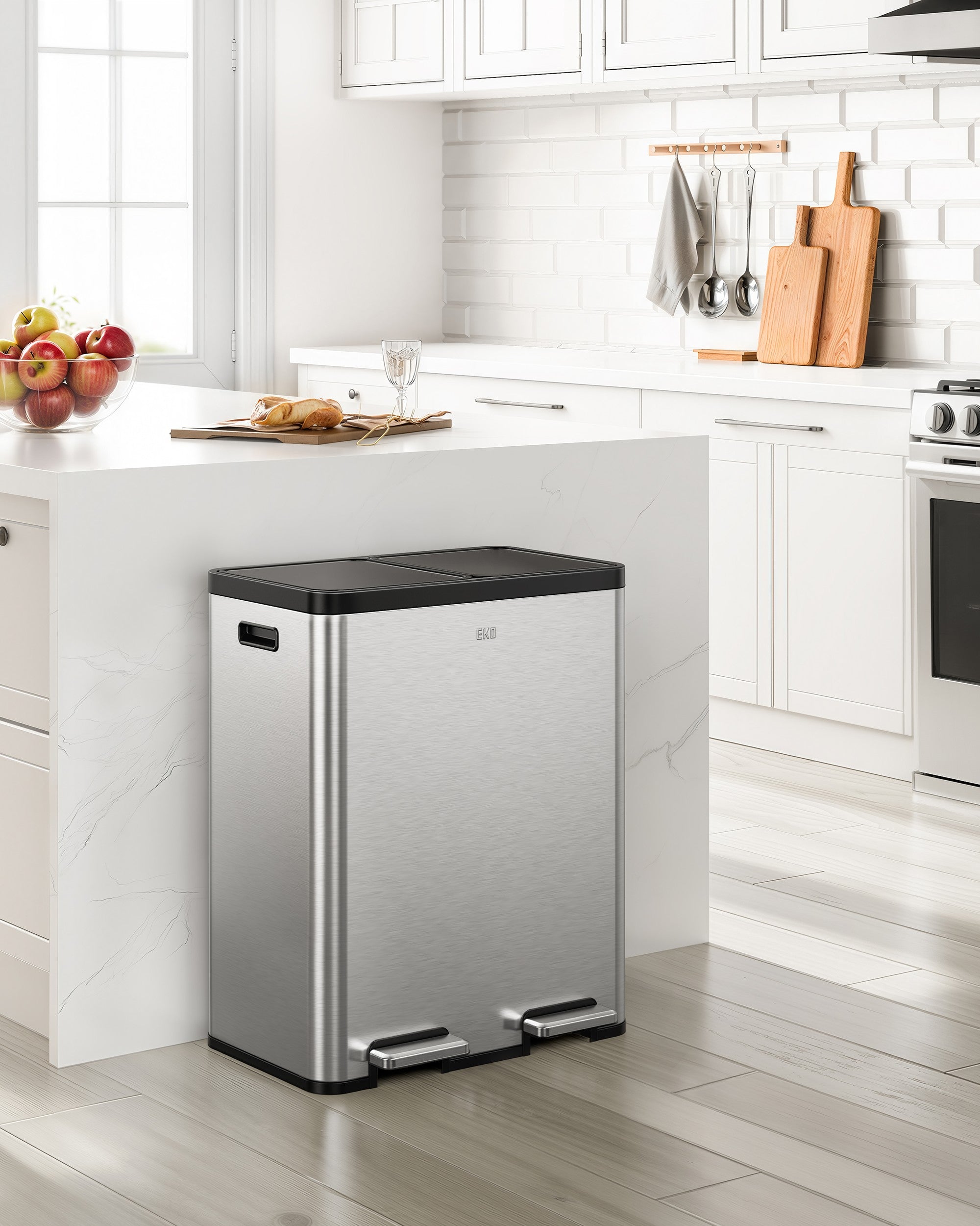 Stainless steel trash can in a modern kitchen setting