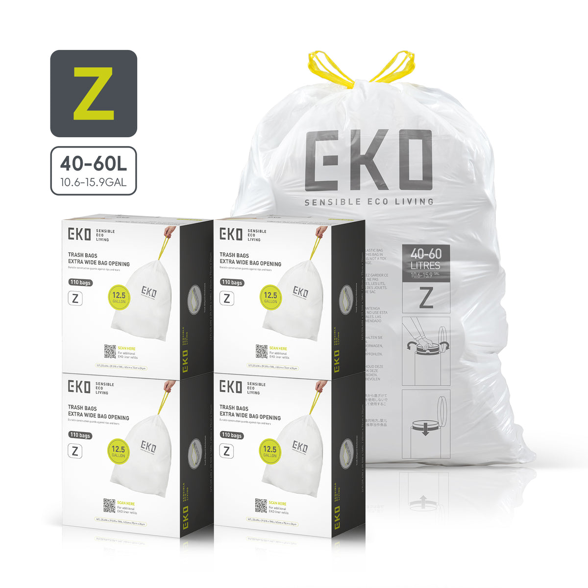 Code Z Easy-Dispense Roll Trash Bags, 40-60 L / 10.6-15.9 Gal
